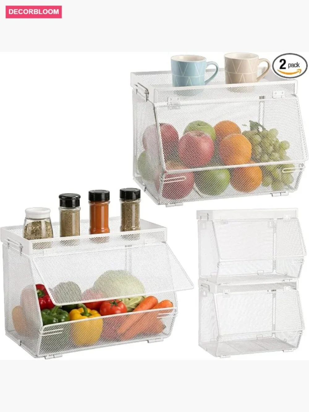 2 Pack Stackable Mesh Fruit Basket with Lid Wall Mountable Hanging Vegetable